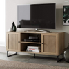 Meuble de divertissement pour meuble TV moderne, console avec finition en bois naturel et accents mats avec portes de rangement pour salon multimédia